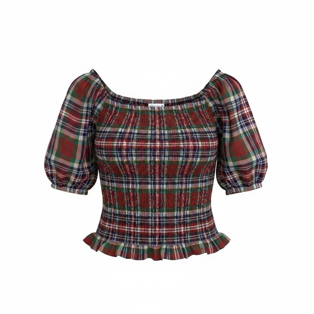 American Eagle Top Women L Red Plaid Smocked Off The Shoulder Puff Sleeve Crop - Picture 1 of 8